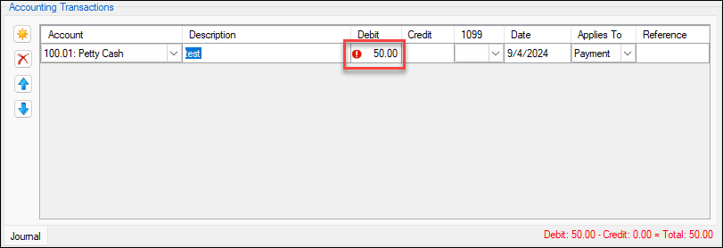 Red indicator showing that debits and credits must balance